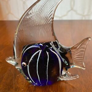 Blue and White Angel Fish encased in clear glass. Hand blown art glass.